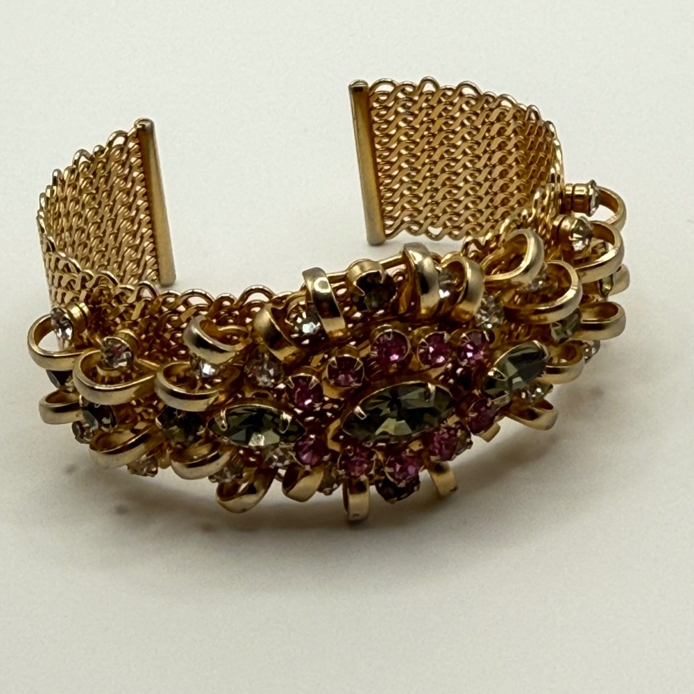 Vintage Gold Tone Mesh‎ Cuff Bracelet Multi Color Rhinestone Floral Cluster MCM